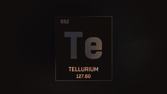 Tellurium as Element 52 of the Periodic Table. Seamlessly looping 3D animation on grey illuminated atom design background with orbiting electrons. Design shows name, atomic weight and element number