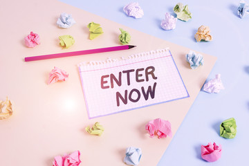 Word writing text Enter Now. Business photo showcasing come or go into a particular place To be included in a competition Colored crumpled papers empty reminder blue yellow background clothespin
