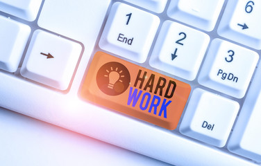 Handwriting text Hard Work. Conceptual photo always putting a lot of effort and care into work or endurance White pc keyboard with empty note paper above white background key copy space