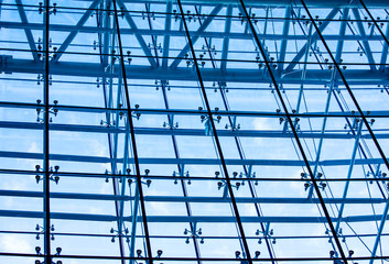 underside panoramic view to steel blue glass