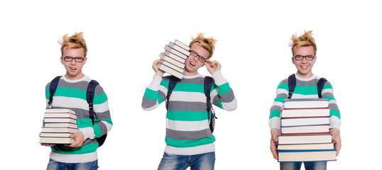 Funny student with stack of books