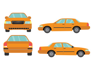 Set of orange sedan car view on white background,illustration vector,Side, front, back