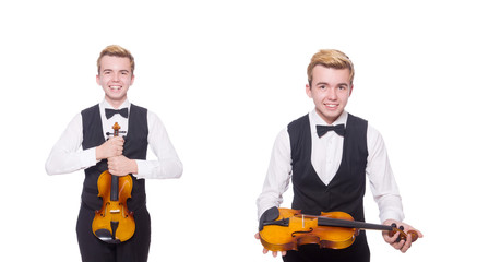 Funny violin player on white