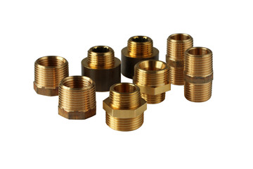 Hexagon brass threaded nipples for pipe, reductions for plumbing and valves for plumbing isolated...