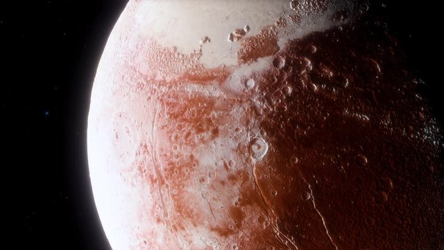 Beautiful View of dwarf planet Pluto from Space. Cinematic animation of planet Pluton 