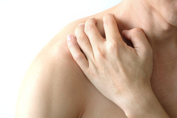 men have neck pain, shoulder pain in the room. health concept.