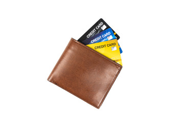 Wallet is made of brown leather and credit card isolated on white background