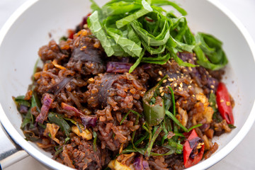 Stir-fried spicy Korean blood sausage which is called Sundae in Korea