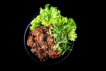 Stir-fried spicy Korean blood sausage which is called Sundae in Korea