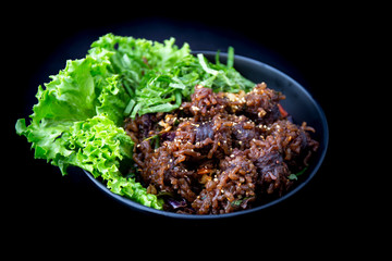 Stir-fried spicy Korean blood sausage which is called Sundae in Korea