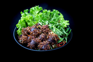 Stir-fried spicy Korean blood sausage which is called Sundae in Korea