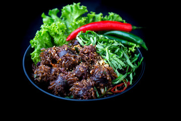 Stir-fried spicy Korean blood sausage which is called Sundae in Korea