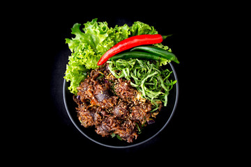 Stir-fried spicy Korean blood sausage which is called Sundae in Korea
