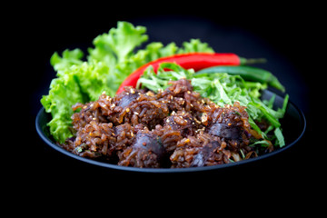 Stir-fried spicy Korean blood sausage which is called Sundae in Korea