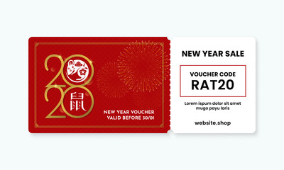 Chinese Happy New Year 2020 Year of Rat voucher gift template vector design with coupon code for shop discount promotion event. Mandarin translation: Happy New Year. Year