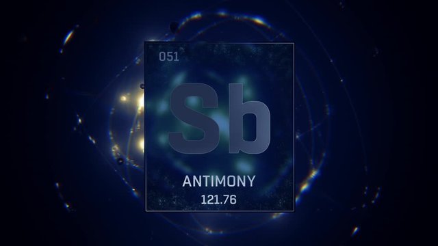 Antimony as Element 51 of the Periodic Table. Seamlessly looping 3D animation on blue illuminated atom design background with orbiting electrons. Design shows name, atomic weight and element number