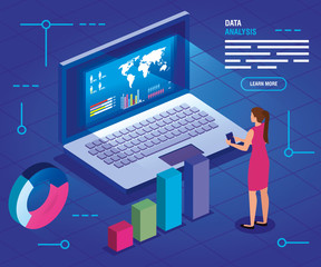 businesswoman with laptop and analysis data vector illustration design