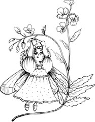 Ink hand drawn cute little fairy girl under a flower. Vector illustration. Perfect for cards, print, posters and baby clothes