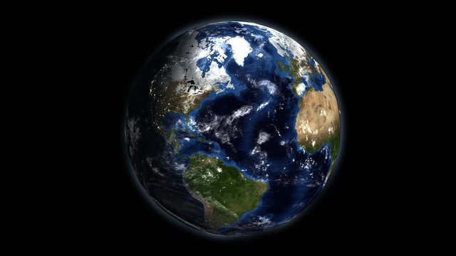 Realistic landscape of the Earth in space with sun rise and sun set on the earth surface. Night time of earth surface with light from big city. United state,Japan,Australia,Europe from out side the ea