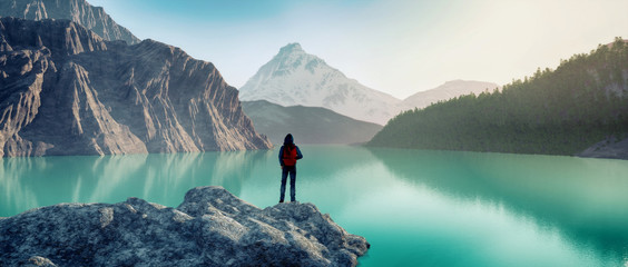 traveler lake mountain. This is 3d render illustration - obrazy, fototapety, plakaty