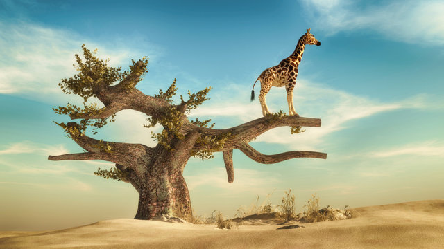 Giraffe on a tree. This is 3d render illustration