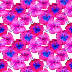 Watercolor neon pink hibiscus seamless pattern. Perfect for greetings, invitations, manufacture wrapping paper, textile, web design.
