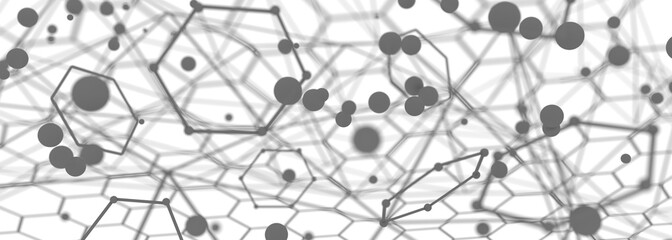 Molecule And Communication Background. Brochure or web banner design. Lines and spheres. Medical, technology, chemistry, science relative. Shallow depth of field. 3D rendering. Black and white