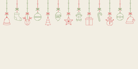 Christmas card with hanging icons. Xmas decoration. Vector