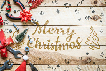 Merry Christmas and Happy new year handy tools gift background concept. Flat lay top view.