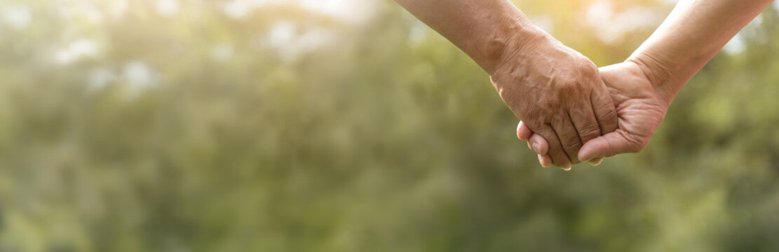 Senior couple holding hands together over green nature background.