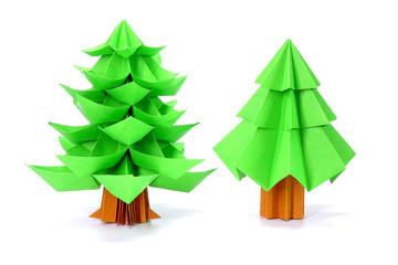 Origami paper art : Christmas tree isolated on white background, for greeting season of Christmas and New year.