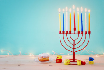 religion image of jewish holiday Hanukkah background with menorah (traditional candelabra),...