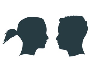 Man and woman silhouettes looking at each other. Happy valentines day and wedding design elements. Side view.