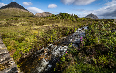 Naklejka na ściany i meble Picturesque landscape of a mountain river with traditional nature of Scotland.