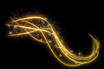 Round golden confetti or sparkles on a black background, with luminous lines. 3d rendering image.