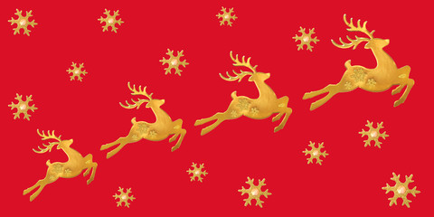 Beautiful golden reindeers and snowflake toy isolated on red background, Christmas tree bauble decoration.