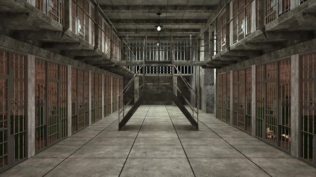 Computer generated backdrop. Several empty gloomy prison blocks on two floors. 3d rendering