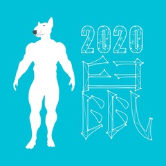 New Year greeting card template. 2020 year number. Brochure or report design template. Chinese hieroglyph that mean rat. Rat silhouette with human body