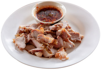 Grilled beef with spicy sauce isolate on white back ground. Thai style food.