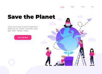 Vector flat illustration, little multiracial multinational men prepare for the day of Earth, save the planet, save energy, the hour of the Earth, the concept of the Earth day, landing page template.