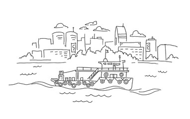 A ferry sailing along the river against the backdrop of a big city. Ship, river port. Hand drawn vector black line outline.