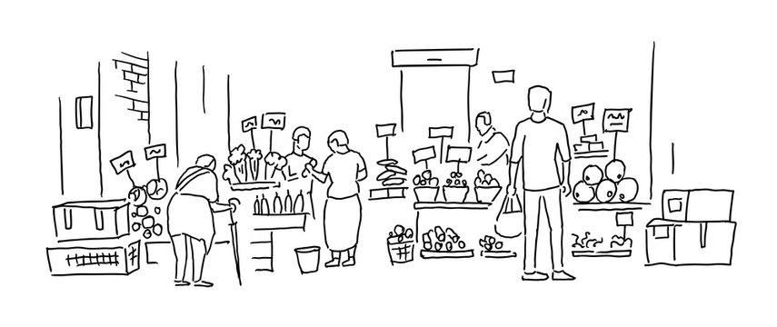Street market. Vegetable and fruits shop. People buy food on the street. Hand drawn vector black line outline.