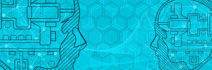 Avatar profile view. Face silhouette or icon. Mechanical engineering drawing background.