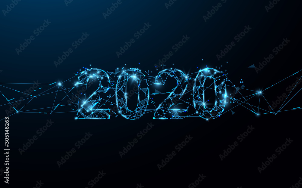 Poster Happy new year 2020 banner form lines, triangles and particle style design. Illustration vector