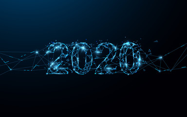 Happy new year 2020 banner form lines, triangles and particle style design. Illustration vector