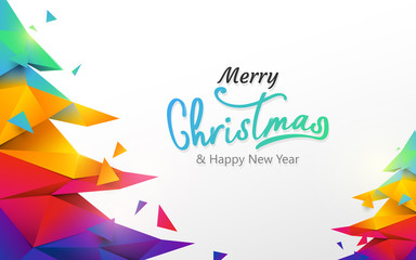 Merry Christmas and Happy new year banner. Colorful Christmas tree polygon on white background