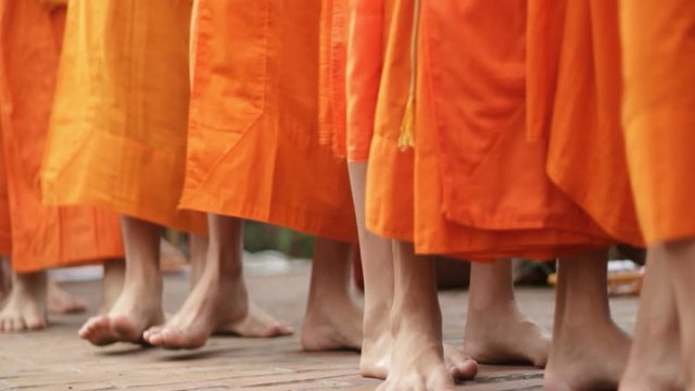 a group Monks  walking  close up 