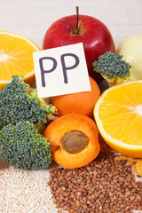 Ingredients containing vitamin PP, dietary fiber and minerals, healthy eating concept