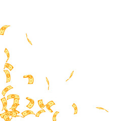 Fototapeta premium Korean won notes falling. Sparse WON bills on whit