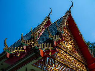 roof gold color of Tum Sarikar Temple background is sky in Nakhon Nayak Thailand
